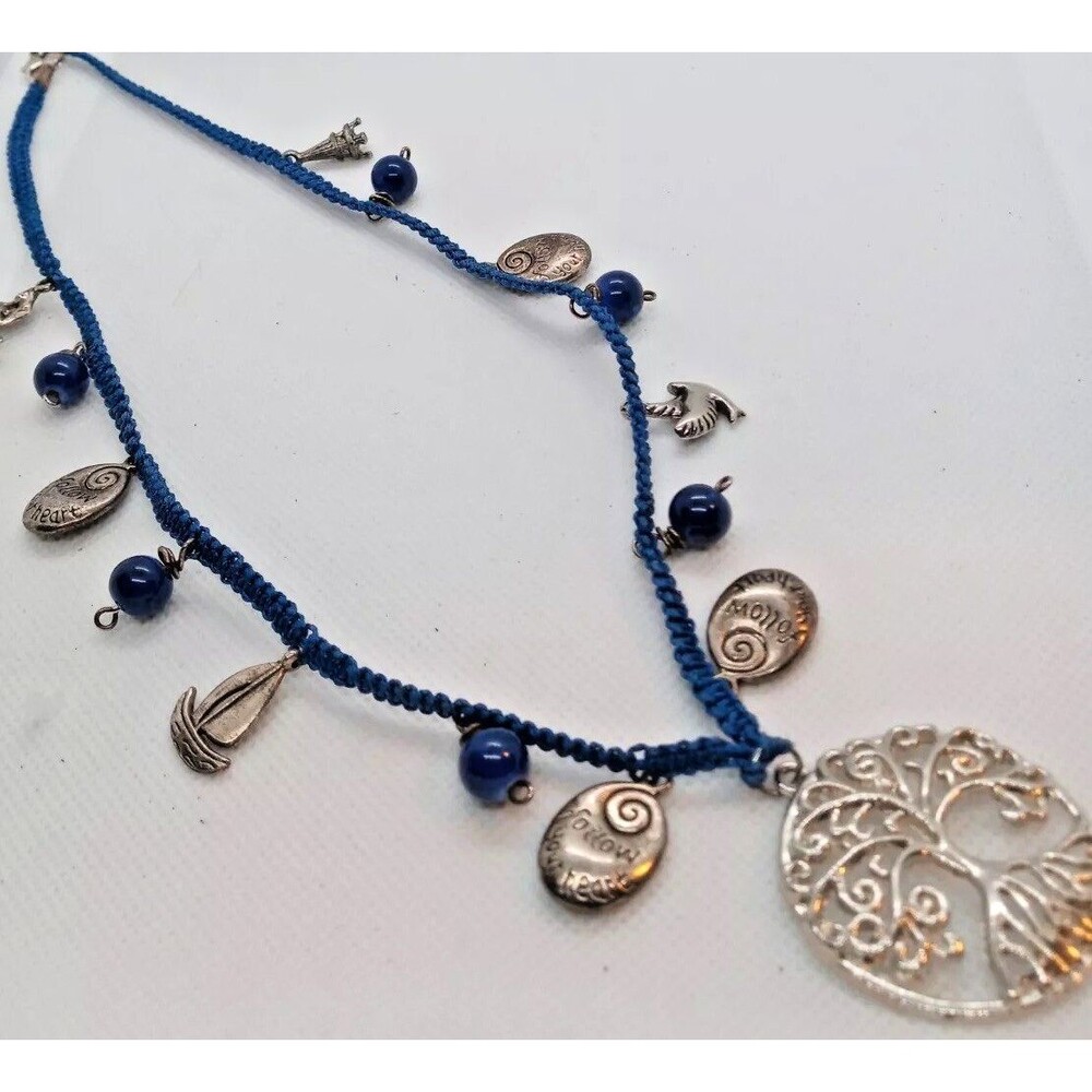Tree Of Life Charm Necklace 17" Blue Cord Silver Tone Charms Lovely Boho Trendy